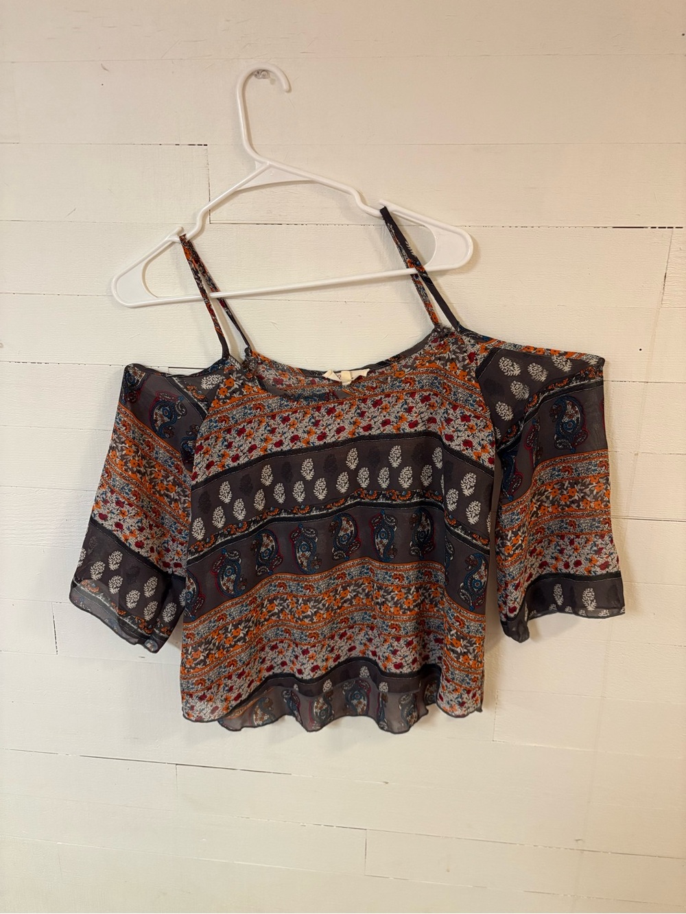 Nabee Boho Paisley Cold Shoulder Blouse Sheer Top Medium